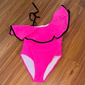 Pink One-Shoulder Swimsuit with Black Trim